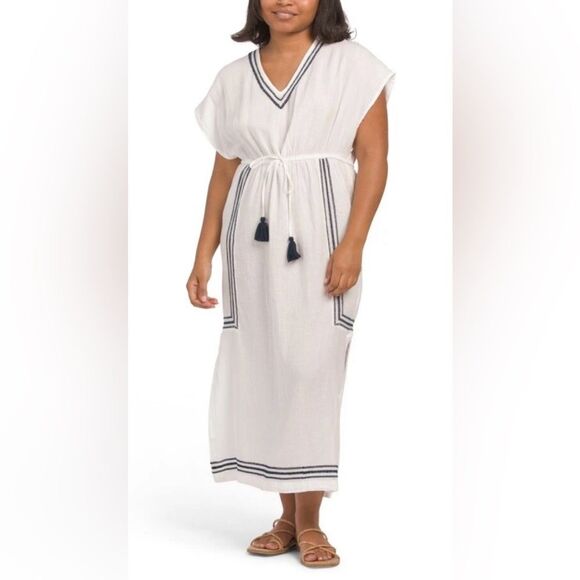 Rachel Zoe White and Navy Embroidered Cotton Kaftan Swim Cover-Up - Picture 1 of 10